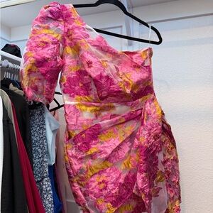 Showpo Pink and Yellow One-Shoulder Dress